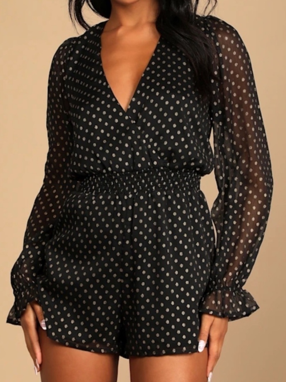 Lulus Evening Gold Dot Black Chiffon Romper Medium Sheer Sleeve V Neck Flowy NWT - Picture 1 of 6